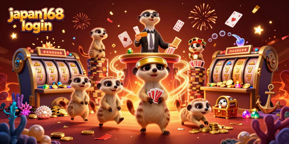 Experience the thrill of japan168 login with 3D meerkats running a casino operation and spinning slot reels.