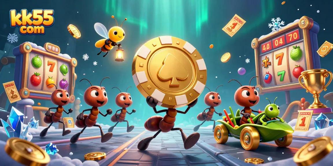 Experience thrilling heists with kk55 com's massive golden poker chip adventure in this dynamic 3D illustration.