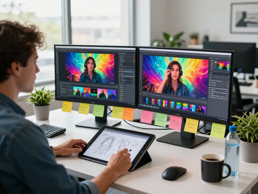Digital artist generating video to prompt in a vibrant, modern workspace.