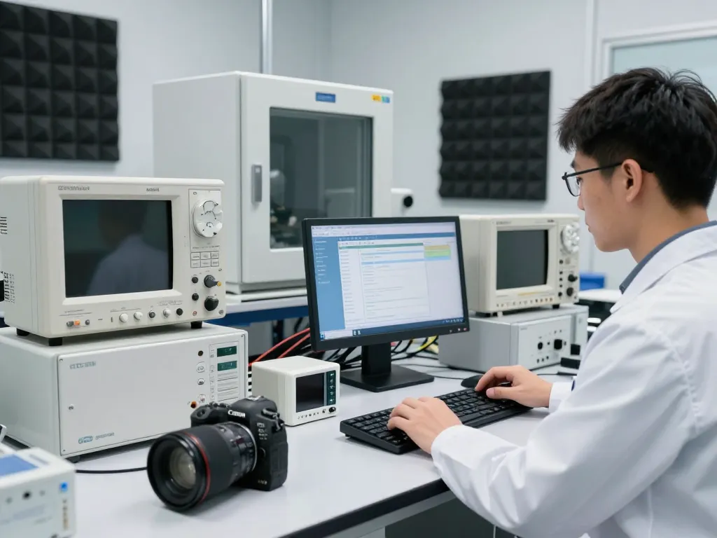 Technician performing CE compliance testing in a modern advanced EMC laboratory.