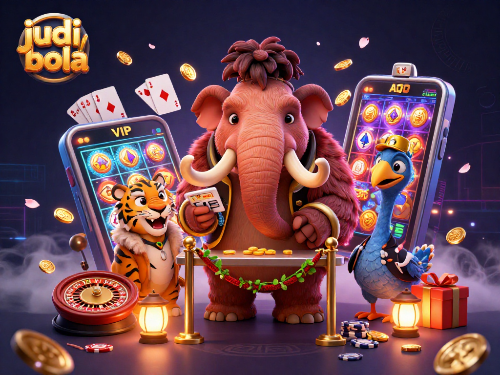 Experience thrilling judi bola moments at a vibrant casino scene, featuring engaging characters and games.
