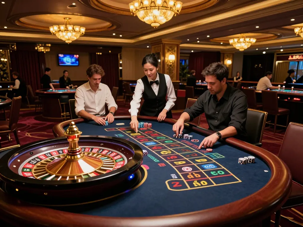 Players at a roulette table engaging in high stakes at Bongdallu, showcasing thrilling casino gameplay.