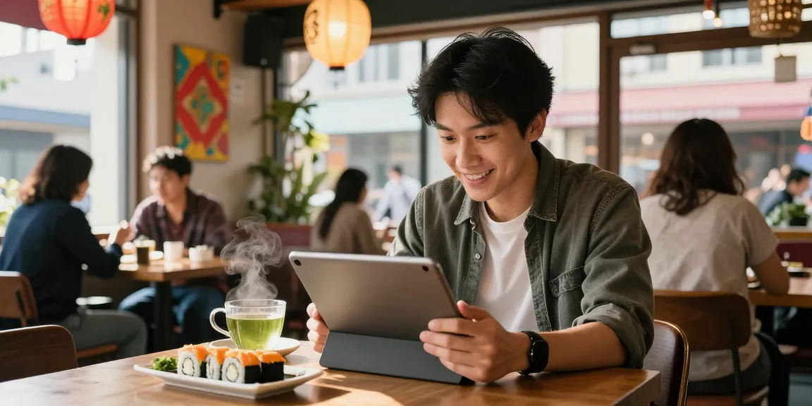 Experience cultural connection at https://hanadultalk.com as a young adult enjoys Asian content in Spanish at a café, highlighting vibrant decor.