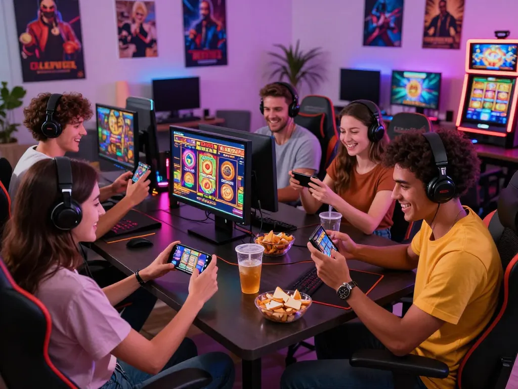 Friends enjoying slot qris games in a lively gaming atmosphere with colorful screens and modern decor.