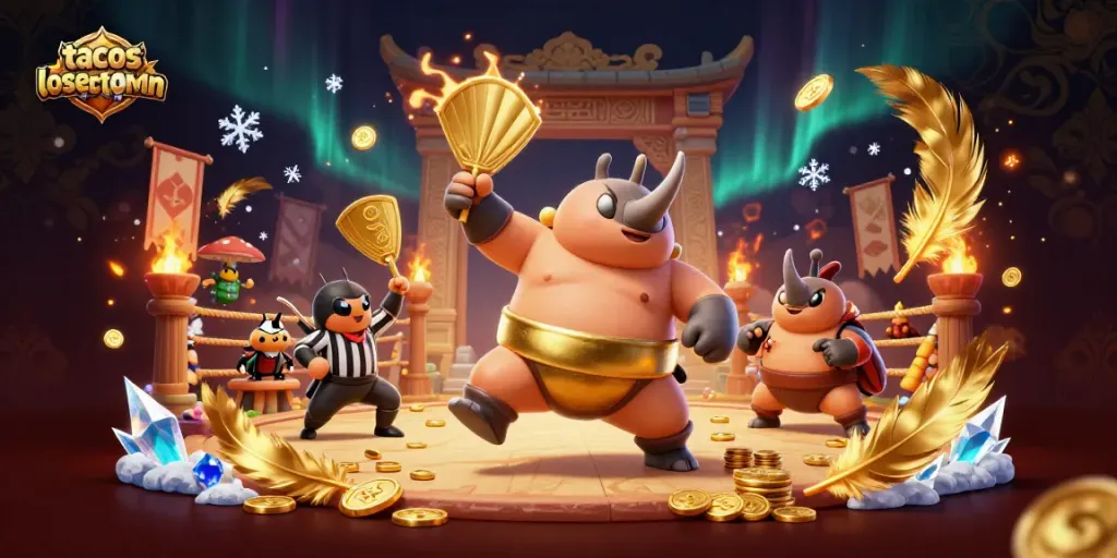 Tampilkan aksi yang menarik dari tacoslosernestomn saat bertarung di arena judi dengan koin emas berterbangan.