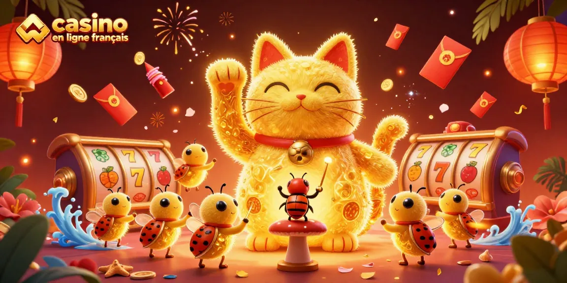 Vivez l'excitation d'un casino en ligne français avec un chat porte-bonheur animé et des symboles de chance.