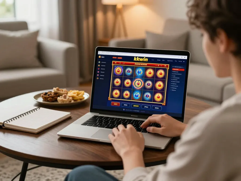 Player enjoying online casino games at home with kkwin interface visible on laptop