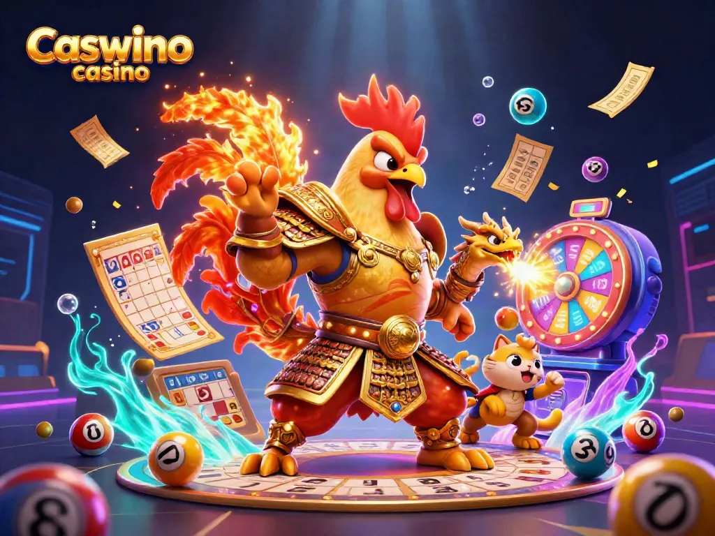 Experience the thrill of Caswino casino with vibrant characters and engaging game elements in a colorful scene.