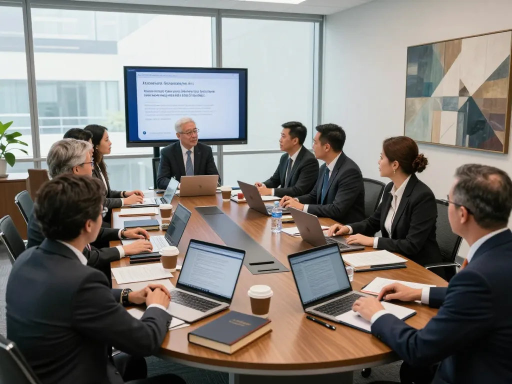 Engaged USA lawyers discussing strategies at a conference table in a modern law office.