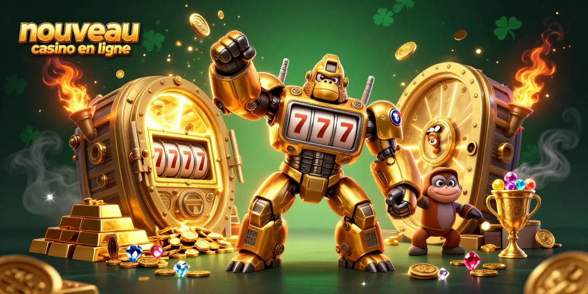 Découvrez les nouveaux casinos en ligne avec une illustration dynamique présentant un gorille doré mech et des joyaux.