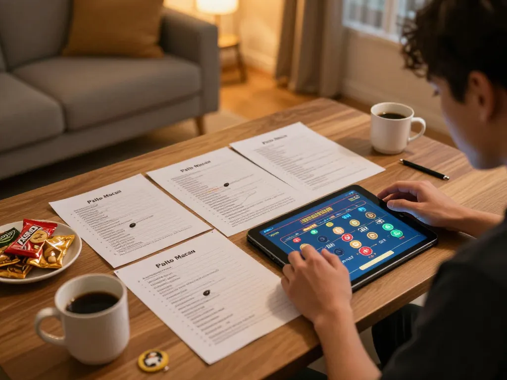 Paito macau betting displayed on tablet screen during a strategic online gaming session at home.