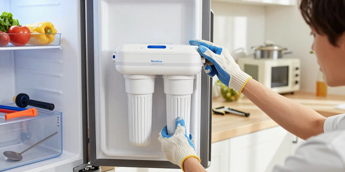 Person installing the Maxblue ADQ73613401 Refrigerator Water Filter in a bright kitchen.