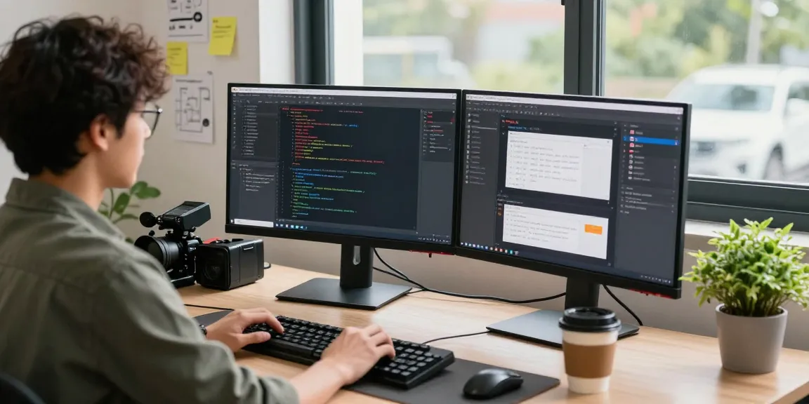 Efficient workspace showcasing 截图软件 in action, featuring dual monitors, a developer engaged in coding, and a vibrant office atmosphere.