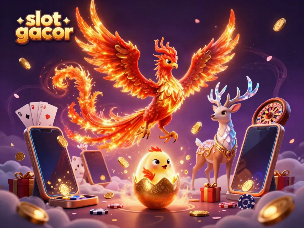 Experience thrilling slot gacor action with a phoenix rising and gold coins cascading in a vibrant atmosphere