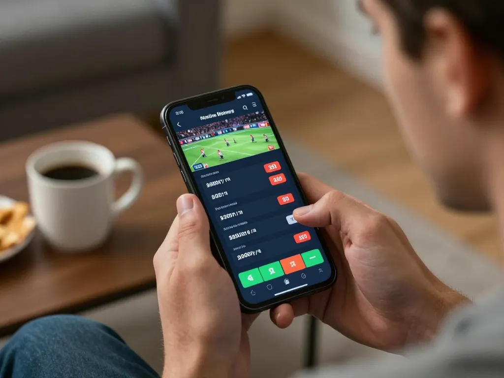 Player strategizing with sports betting on RR88 mobile app in a cozy home setting.