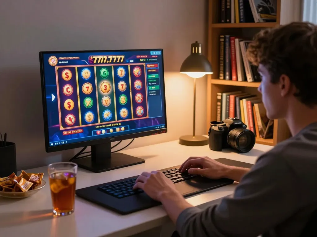Player engaging with slot gacor 777 on a laptop, capturing the thrill of online casino gaming.