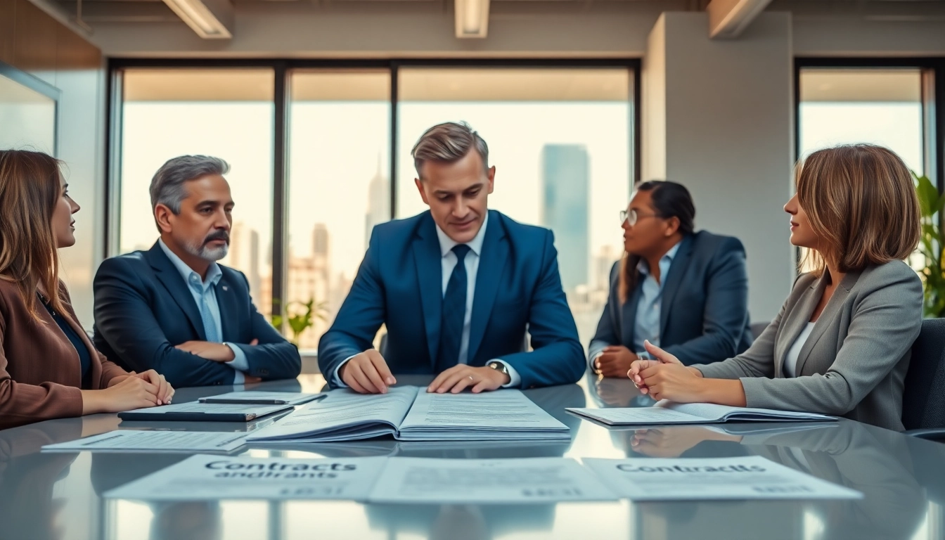 Engaged discussion on contracts and grants in a modern office setting