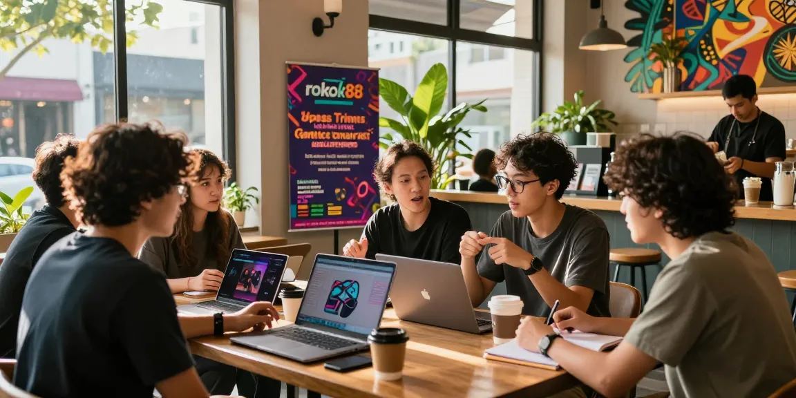 Group of friends discussing rokok88 trends at a café with laptops and coffee.