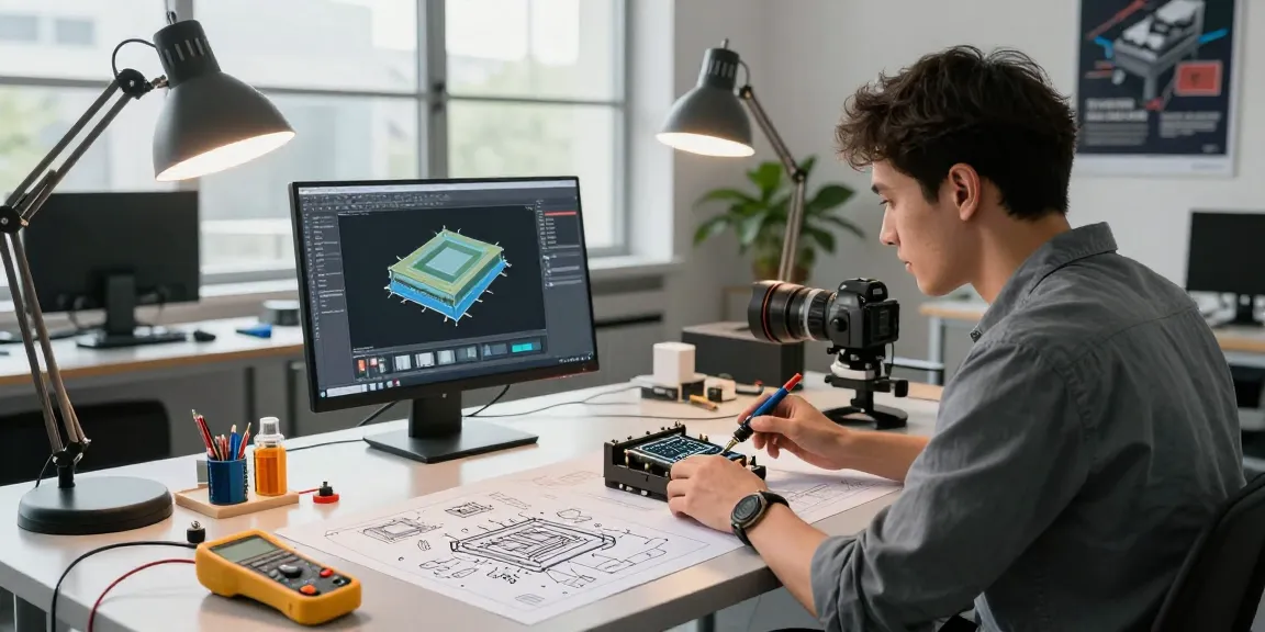 Engineer designing a capacitive switch in a modern industrial workstation with detailed schematics and tools.