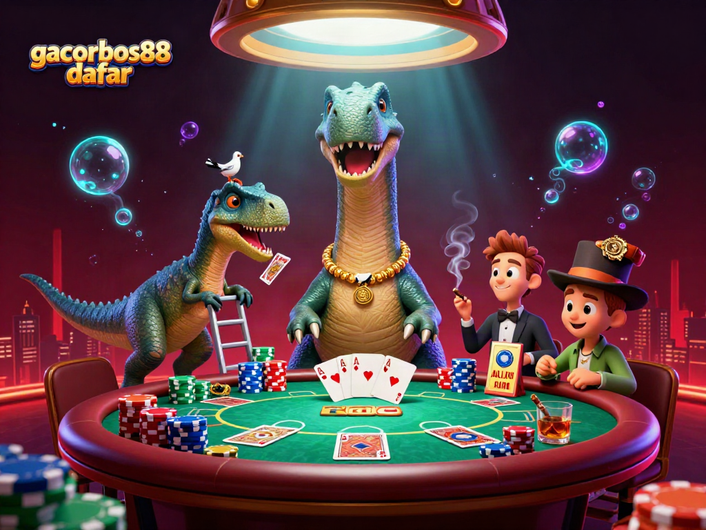 Experience excitement with gacorbos88 daftar at a vibrant casino table featuring unique characters.