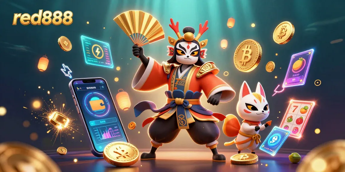 Experience the excitement of red888 with a vibrant 3D casino scene full of energy and crypto elements.