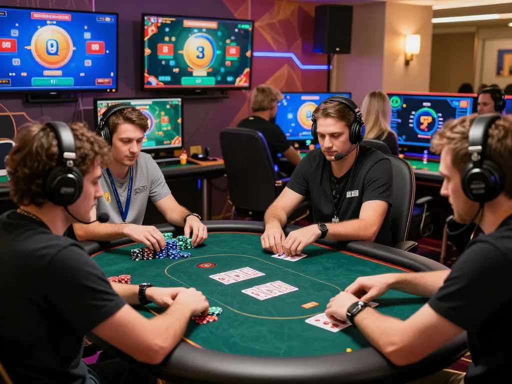 Engaging online poker scene with diverse players at situs idn poker tables, surrounded by digital chips and vibrant graphics.