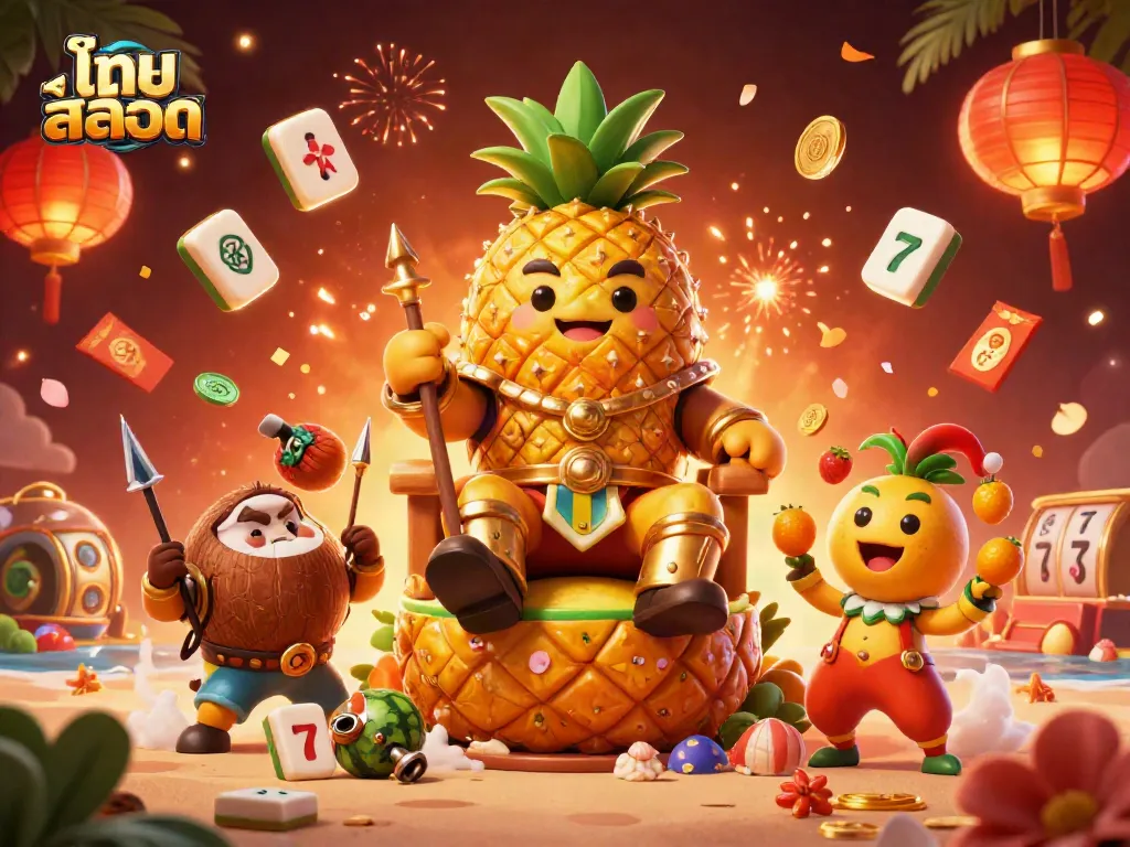 Engage with ไทย สล็อต through vibrant casino scenes featuring golden characters and festive elements.
