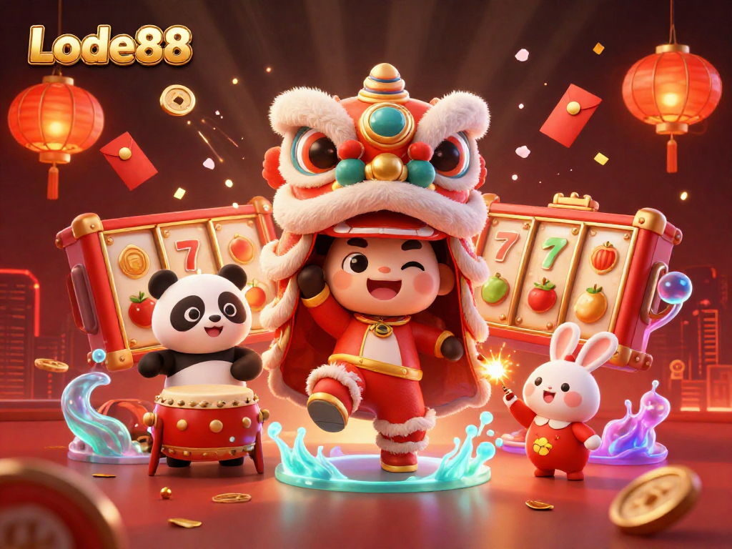 Lode88 showcases a festive casino scene featuring a lion dance and drumming panda among slot reels.