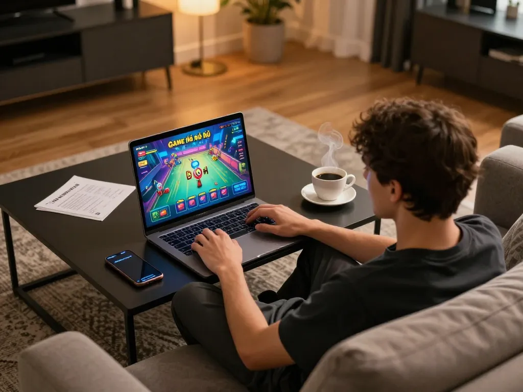 Engaging in Game bài nổ hũ online while analyzing strategy notes in a cozy home setup.