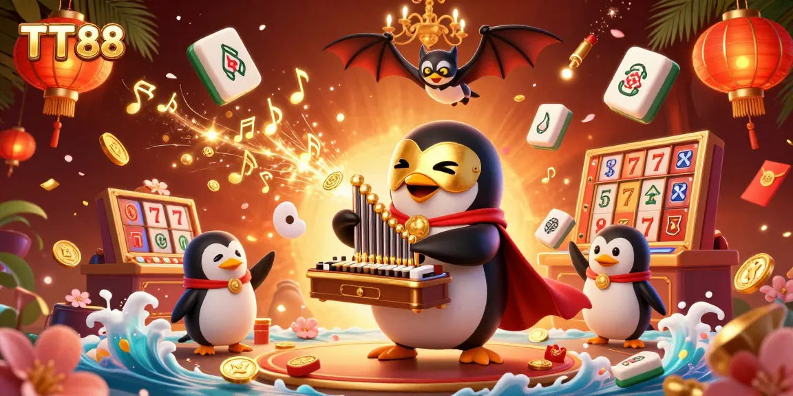 Play at TT88 and experience a vibrant casino scene with gold coins, floating tiles, and lively characters.