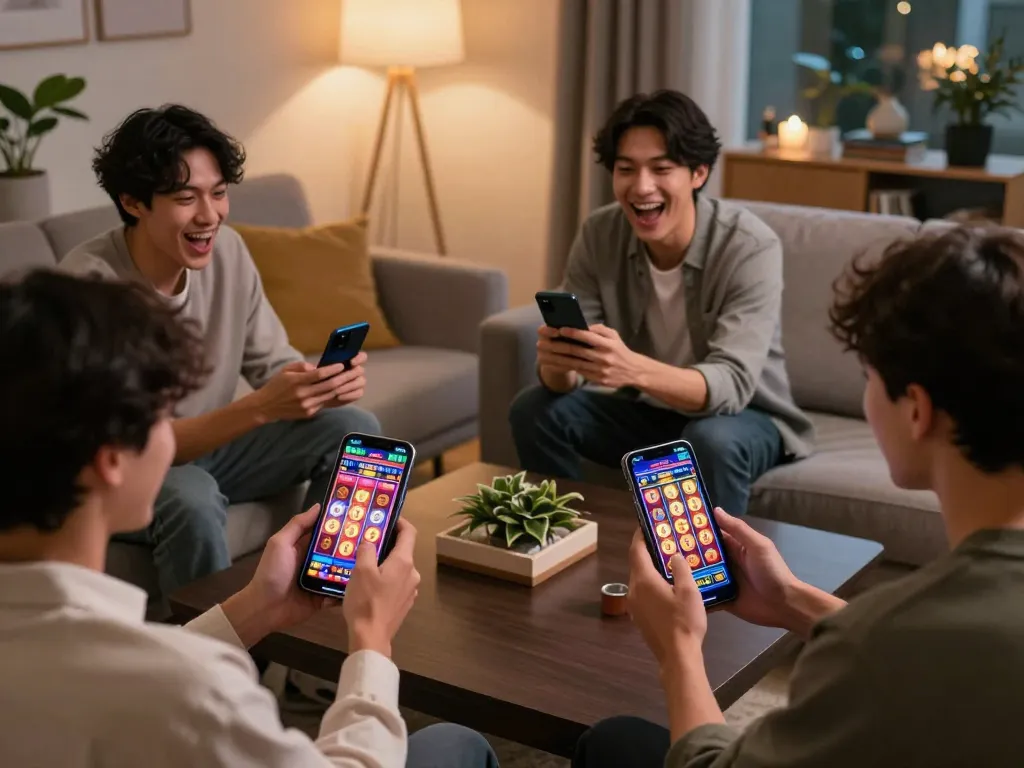 Players enjoy situs slot gacor on mobile devices with exciting visuals and engaging gameplay in a cozy setting.