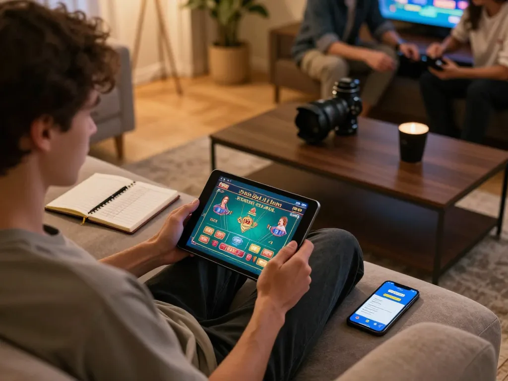 Player enjoying strategic gameplay on the kim99 casino app in a cozy home setting