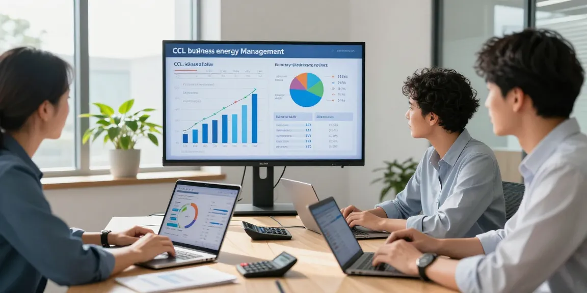 Business team discussing ccl climate change levy business electricity rates while analyzing energy efficiency data in a modern office
