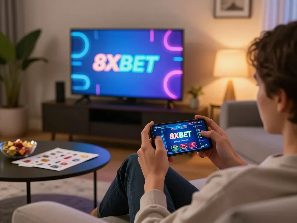 Player engaging with 8xbet app on smartphone, surrounded by a cozy home setting with strategy notes.