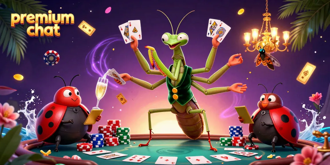 Experience premium chat with live casino interactions featuring a praying mantis dealer and vivid game elements.