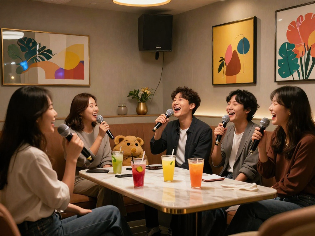 강남 엘리트 가라오케에서 친구들과 즐거운 노래 시간을 보내는 모습