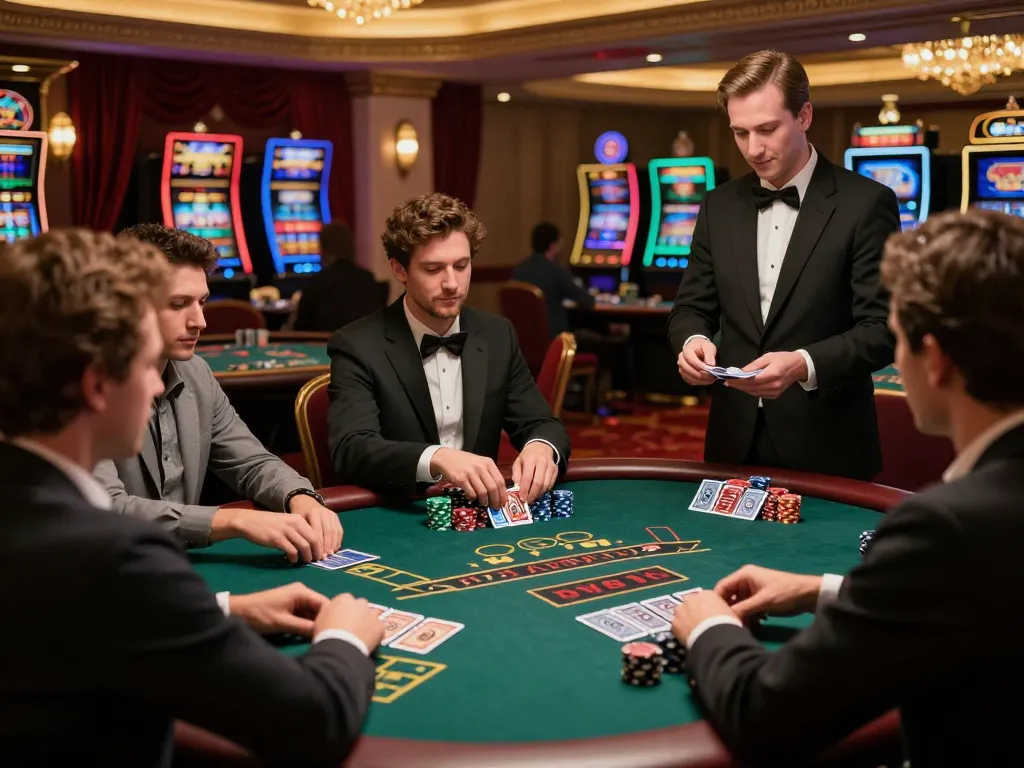 Players engaged in an exciting blackjack game at a luxurious casino, showcasing strategies and high stakes while interacting with the lu888 gaming experience.