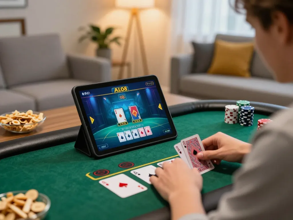Experience thrilling live dealer blackjack with ALO8 on a stylish tablet at home.