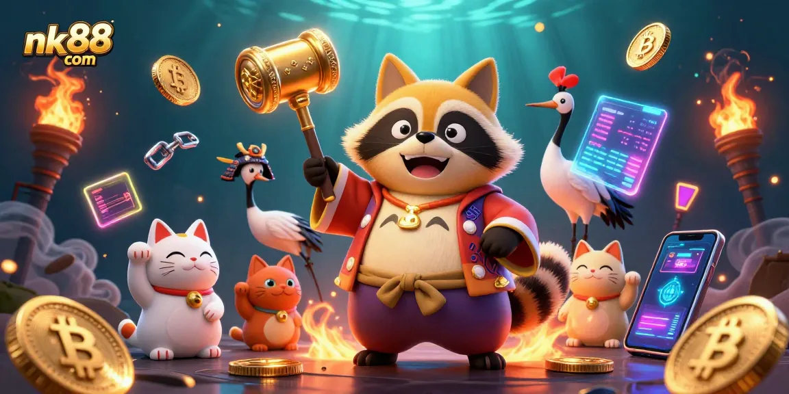 Spin and win at nk88 com with cheerful characters celebrating casino luck amid digital coins.