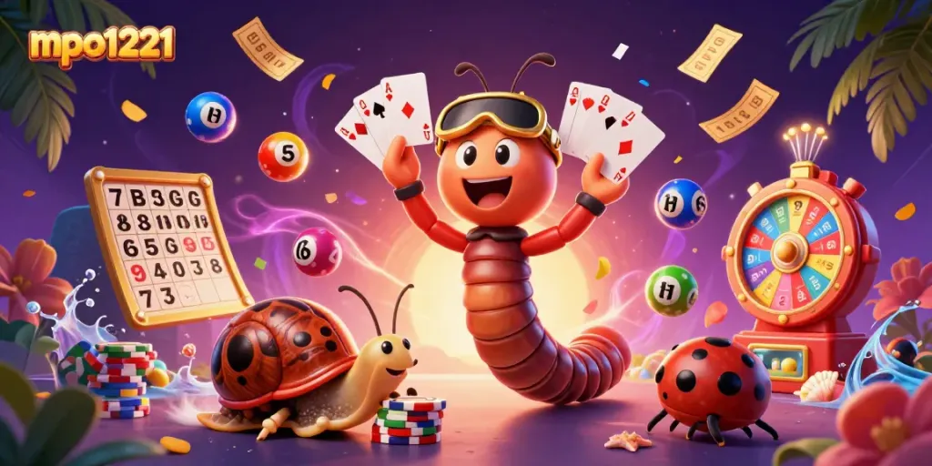 Experience the excitement at mpo1221 with a vibrant casino scene featuring dynamic cartoon characters and energy.