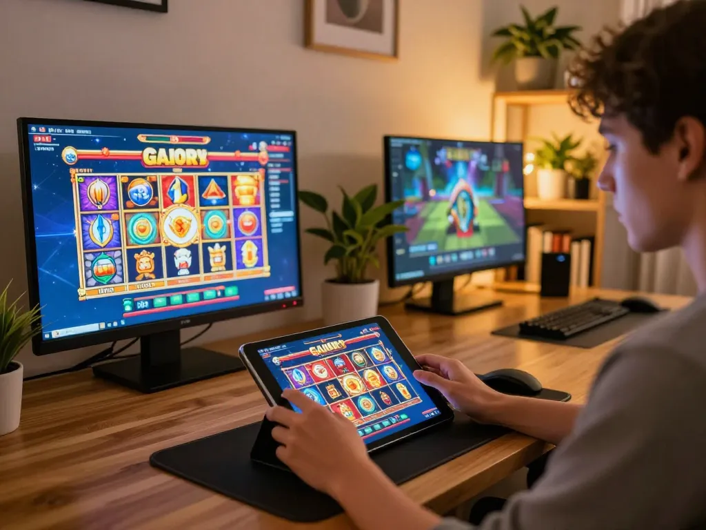 Engaging moment of playing slot gacor hari ini on a tablet in a cozy home gaming setup