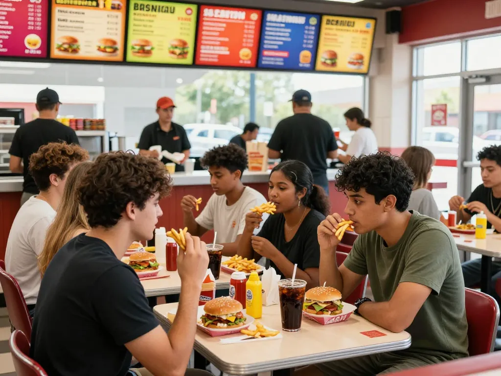 Friends enjoying a diverse fast food menu in a vibrant restaurant setting