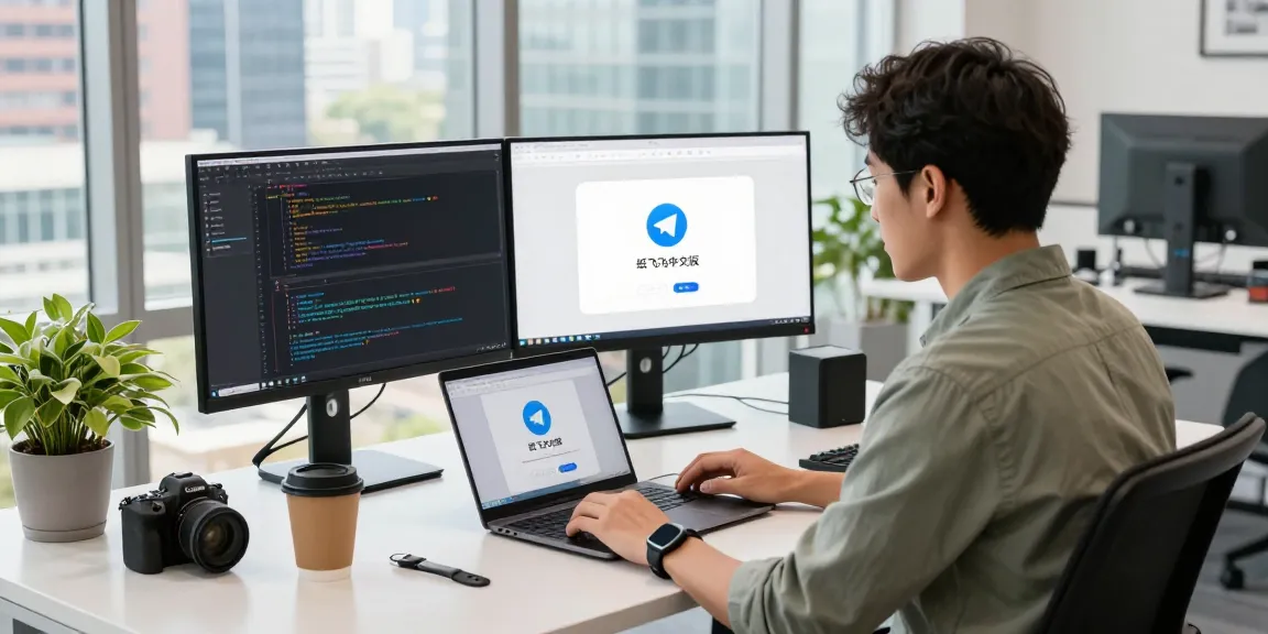 Developer using the 纸飞机中文版 on a laptop in a bright tech workspace.