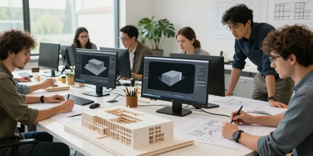 Architectural model maker France team collaborating on innovative designs.