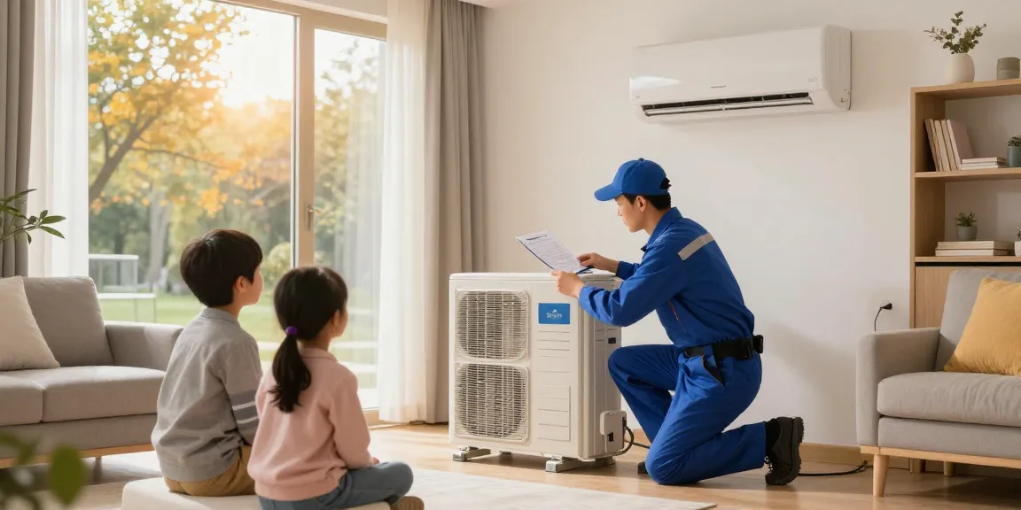 HVAC Maintenance & Tune-Up showcased by a technician inspecting a central AC unit in a family home