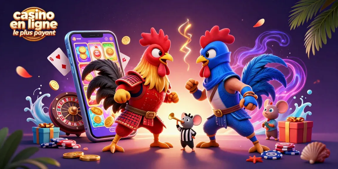 Casino en ligne le plus payant : Combat dramatique entre coqs avec ambiance de jeu animée.