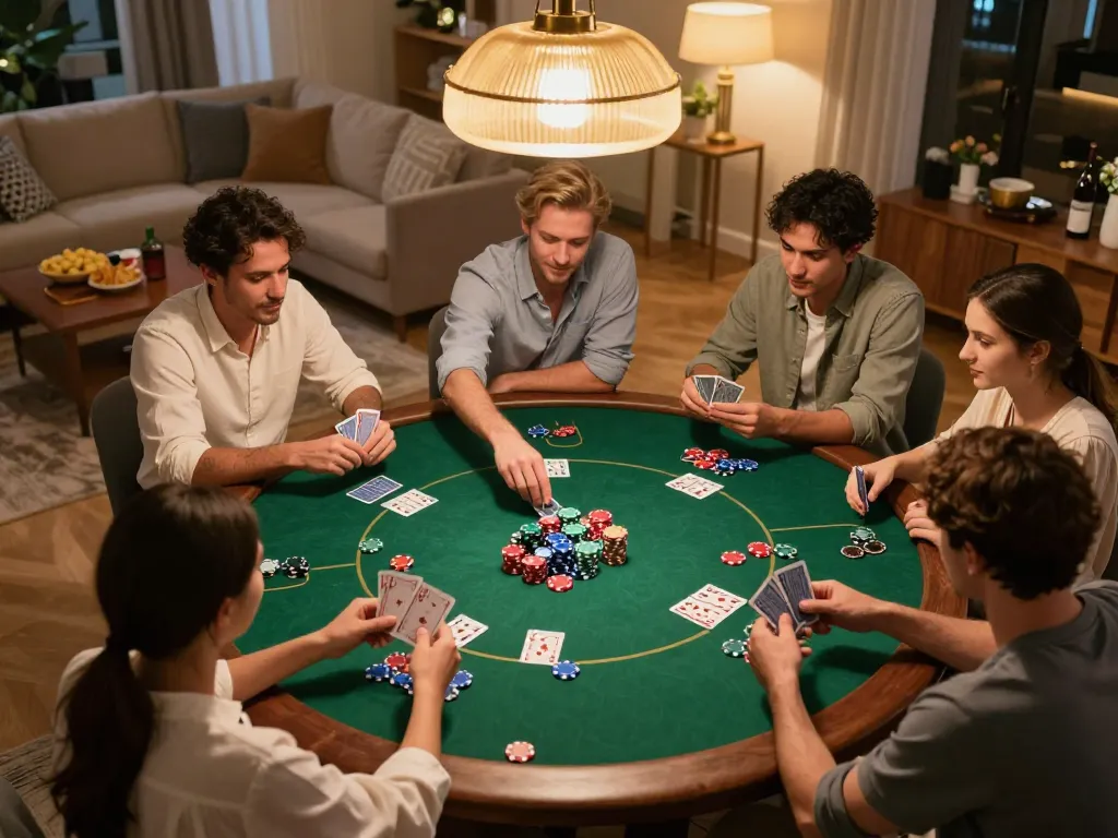 Friends enjoying a poker game at home, demonstrating strategic gameplay on table with chips, featuring the keyword tg88.