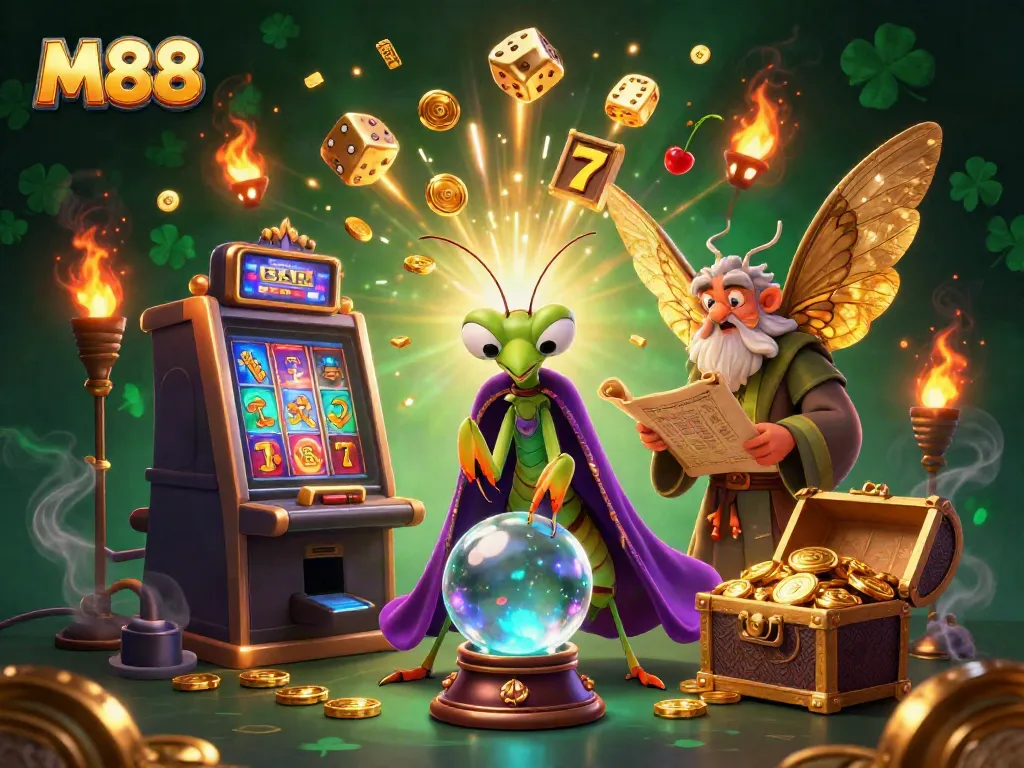 M88 themed 3D casino illustration featuring a fortune teller and moth librarian with gambling elements