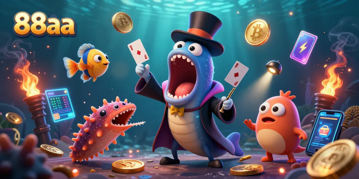 Engage with immersive 88aa experiences, witnessing a deep-sea eel performing magic amid vibrant casino elements.