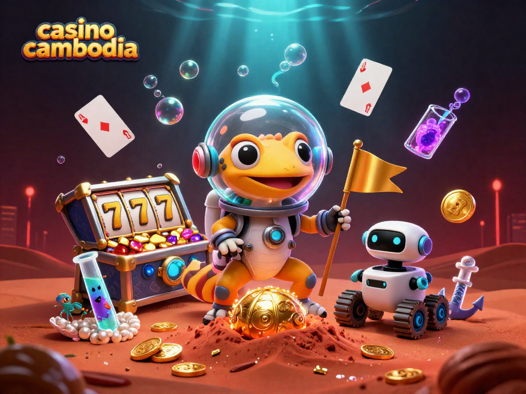 Experience the excitement of casino cambodia with a Martian gecko uncovering a golden casino in this vibrant 3D scene.